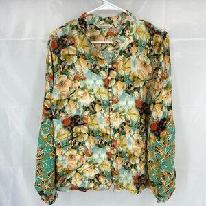 Soft Surroundings Women L Watercolor Floral Top Blouse Embroidered Sleeve Cuff